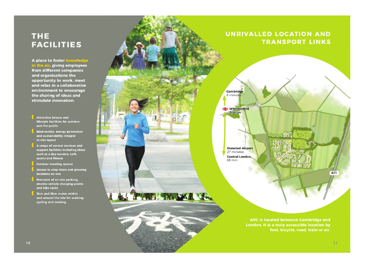 Brochure showing woman running, family walking in field and map of site